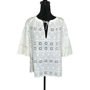 J. Jill Split Neck 3/4 Sleeve Cotton Eyelet Blouse White Womens Boho Size Xsmall